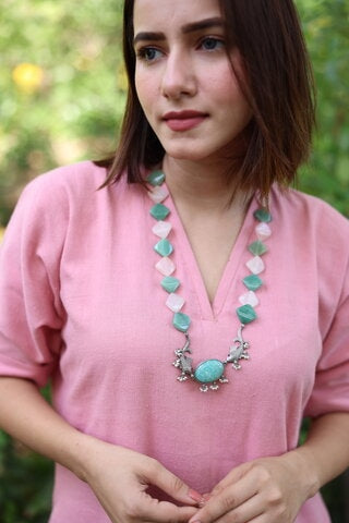 Rose Quartz and Jade Silver Necklace