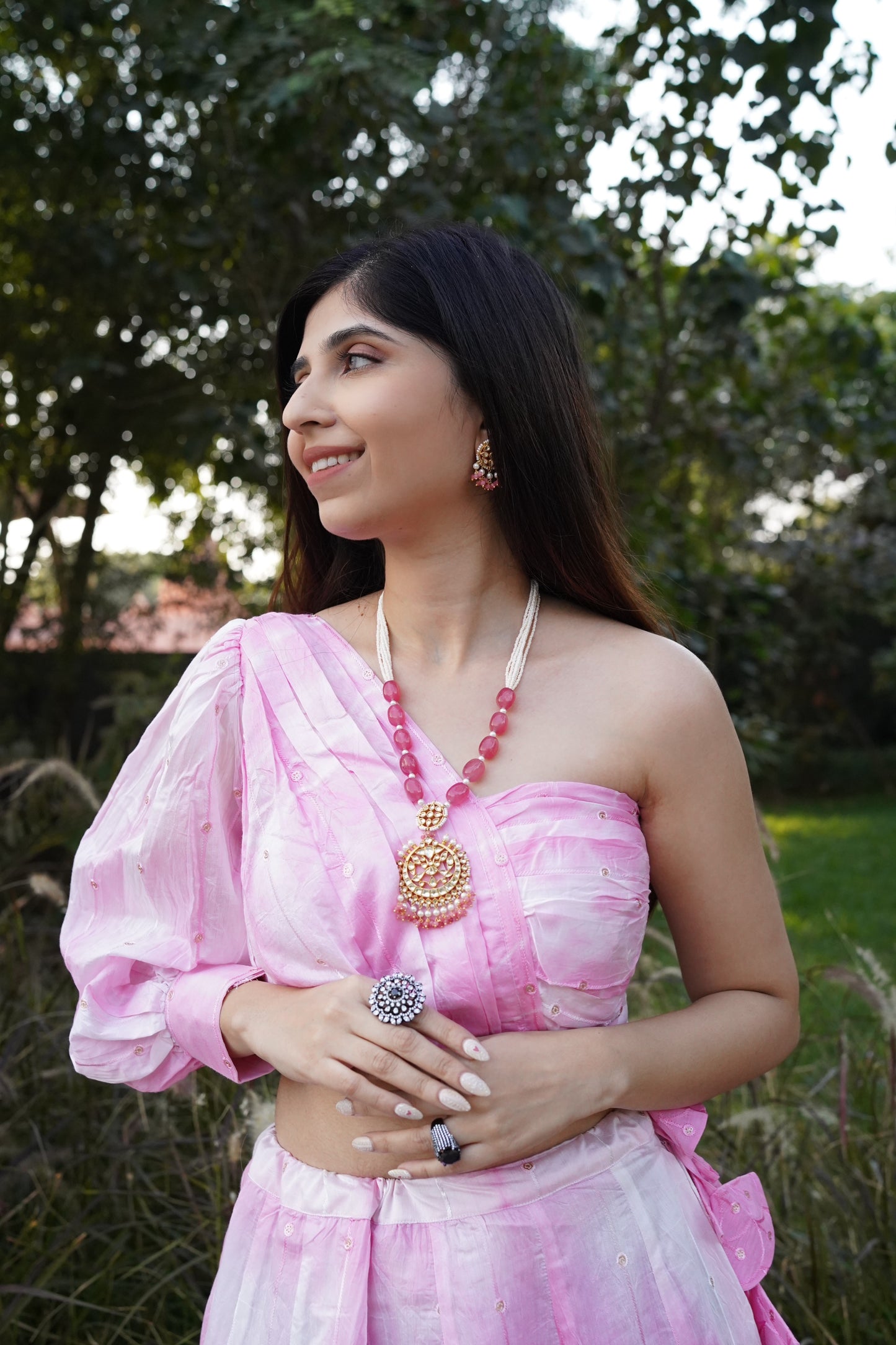 Pearls and RoseQuartz kundan Pure Silver Necklace