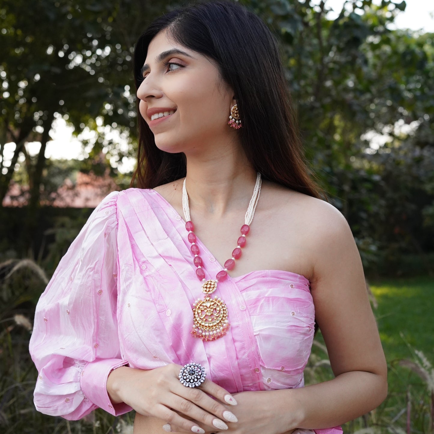 Pearls and RoseQuartz kundan Pure Silver Necklace