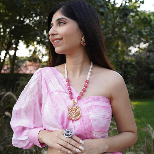 Pearls and RoseQuartz kundan Pure Silver Necklace