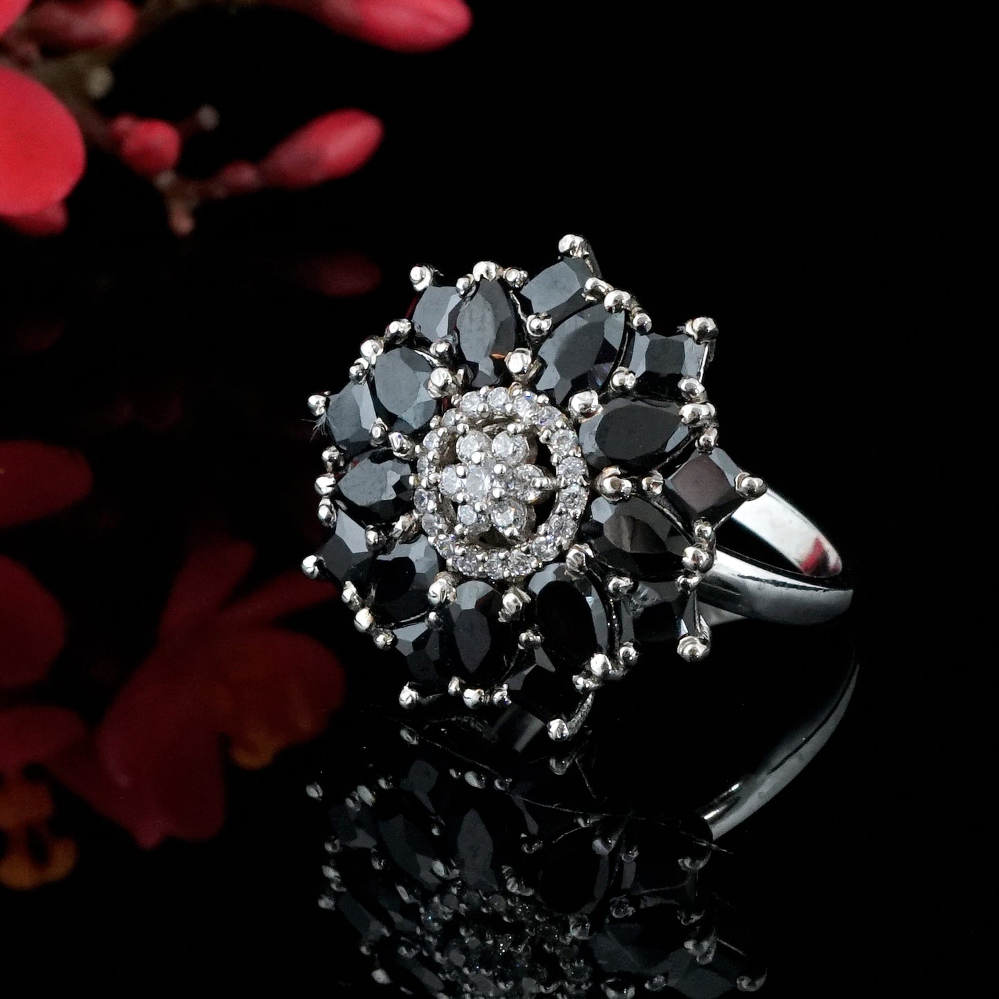 Engagement ring,Black onxy floral statement ring