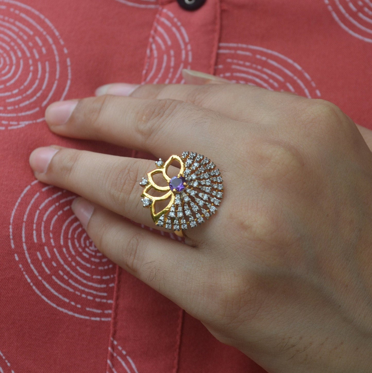 Amethyst floral ring over silver and 18kt gold platting